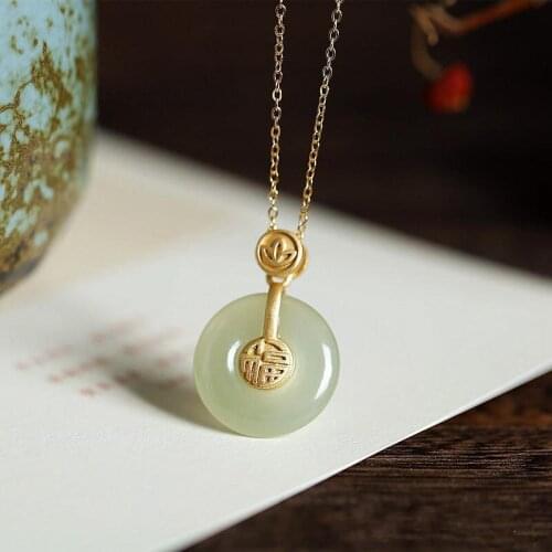 S925 Sterling Silver Ancient Gold Hetian Jade Fu Character Peace Buckle Clavicle Necklace Valentines Day Gift for Girlfriend