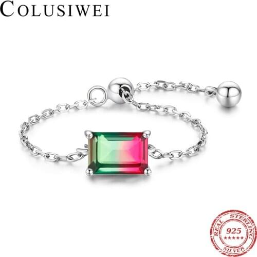 Colusiwei Romantic 925 Sterling Silver Gradient Candy Tourmaline Rings for Women Rectangle Adjustable Chain Link Rings Jewelry