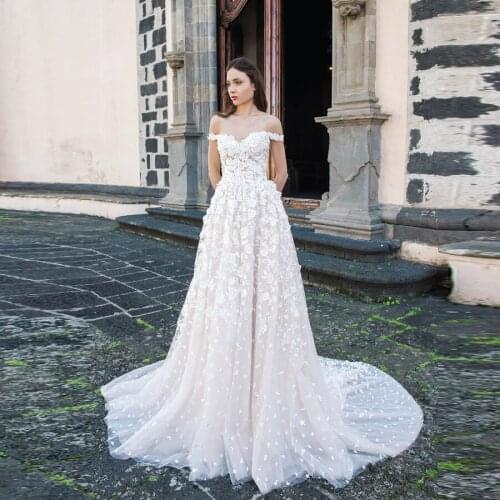 Elegant Off the Shoulder Appliqued Lace A-line Wedding Dresses Court Train abiti da sposa Bride Dress robe de mariee