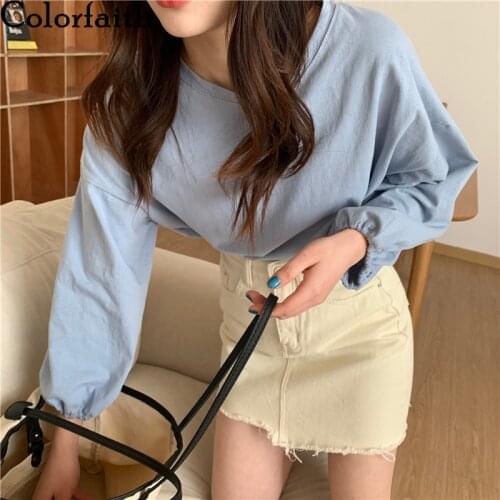 Colorfaith New 2021 Women Spring Summer T-Shirt Solid Bottoming Basic Fashionable Minimalist Style Wild Lady Oversize Tops T6037