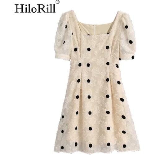 HiloRill Lace Mesh Embroidered Dress Women Polka Dot Short Sleeve Party Mini Dress Square Collar A Line Sundress Summer 2021