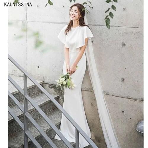 KAUNISSINA Wedding Dress Mermaid Floor-Length White Wedding Gowns Women Short Sleeve Simple Elegant Marriage Dress for Bride