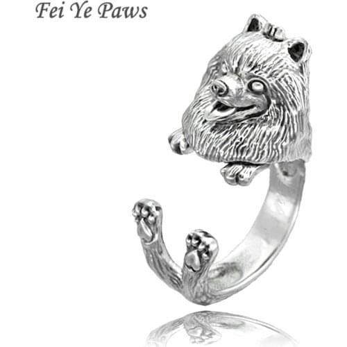 Fei Ye Paws Pomeranian Dog Ring For Women German Spitz Klein Ring Boho Animal Finger Kncukles Ring Men Dog Lover Gift Box Packed