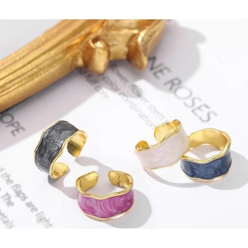 Korea Fashion Gold Color Metal Irregular Geometric Round Open Width Adjustable Enamel Finger Rings for Women Party Jewelry 2021