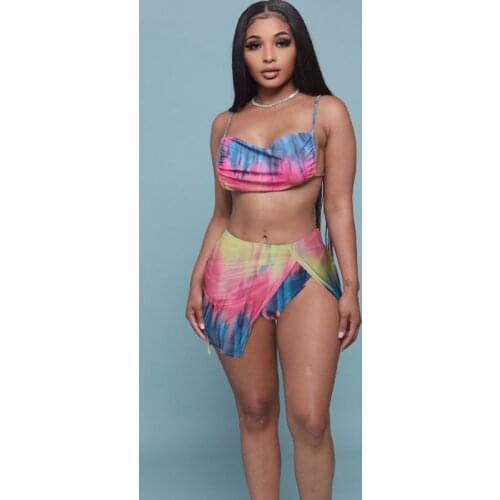 TNNAOFF Swimsuit Set Women Printed Womens Three-piece Set Bandage Crop Top & Shorts &stacked Skirts Matching Clothing Wholesale
