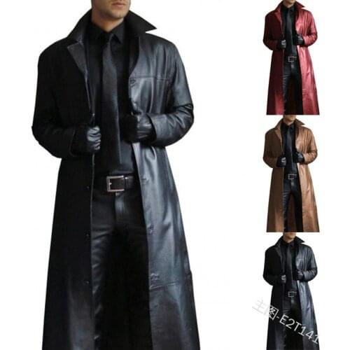 Mens Faux Leather Long Trench Coat Single Breasted Casual Outwear Solid Size S-5XL B17