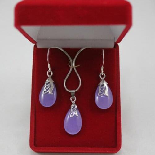 Wholesale romantic purple silver plated waterdrop pendant & earring jewelry set