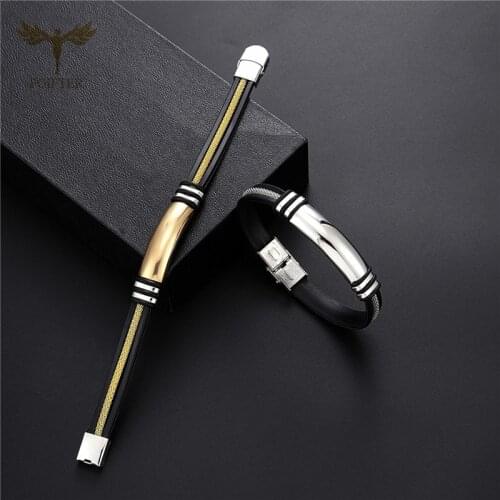 Initial Bracelet for Mens Zebra Stripe Stainless Steel Accessories Black Rubber Bangles Fashion Geometric Males Wrist Jewelry