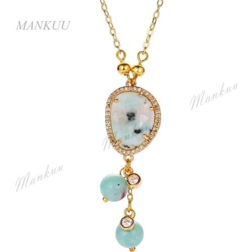 Zircon Micro Pave Sweater Chain Necklace Sea Sediment Beads Labradorite Stone Pendant Statement Necklace Women Fashion Jewelry