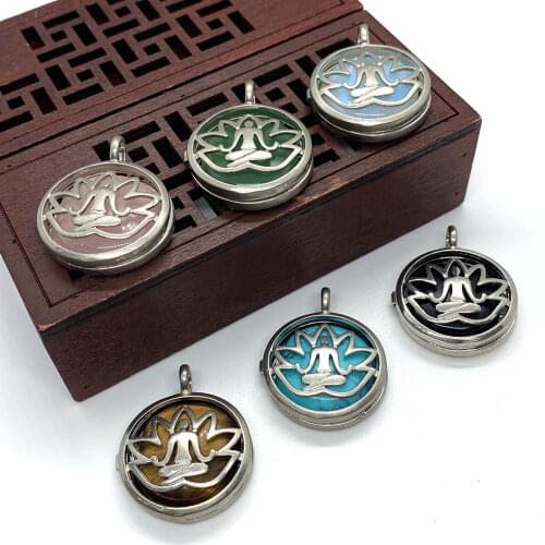 Natural Stone Lotus Shaped Copper Hollow Box Agate Tiger Eye Stone Turquoise Fashion Yoga Pendant DIY Jewelry Making Necklace