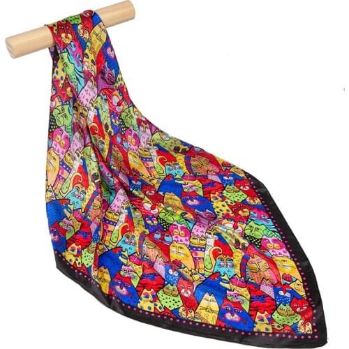 Pure Silk Scarf Women Hijab Female Head Scarf Womens Natural Silk Square Large Female Headband Neck Scarf Gift for Women Cat