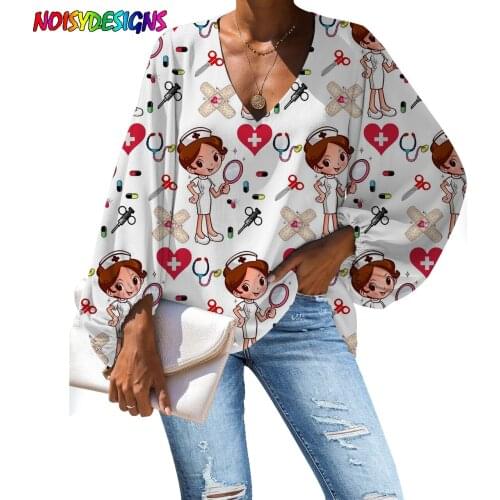 NOISYDESIGNS Harajuku Shirts Women Nurse Doctor Print Blouse 2021 Casual Loose Long Sleeve Nursing Clothes Whoesales Droshipping