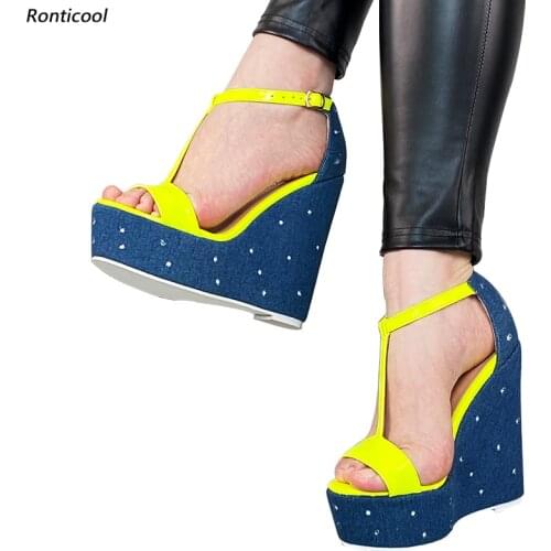 Ronticool New Fashion Women Handmade T-strap Sandals Sexy Wedges High Heels Open Toe 8 Colors Casual Shoes Size 45 46 47 48 49