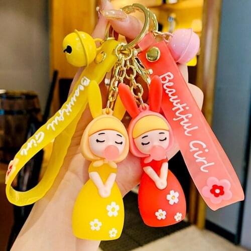 Lovely Doll Girls Bubbles Bunny Ears Couples Keychain Key Chain Women Rubber Trinkle Key Ring Chains Car Bag Charm D790