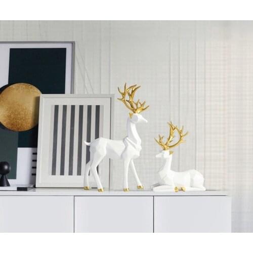 2PCS Deer Statue Decoration Nordic Style Resin Figurines Home Decor Reindeer Scandinavian Home Living Room Office Decoration