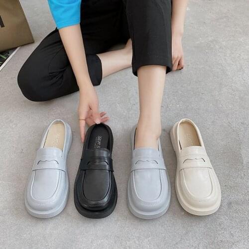 Preppy Style Girl Round Toe Shoes JK Shoes Women Pu Leather Half Slippers Shallow Mules Flats Concise Shoes