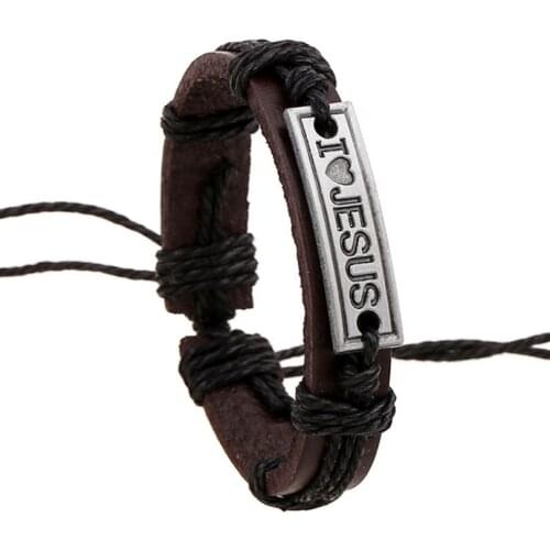 Vintage Retro I love Jesus Bracelet Brown Genuine Leather Casual Alloy Charm Bangle Wrap Wristband for Women Men Fashion Jewelry