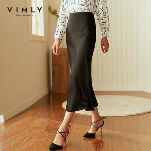 Vimly Satin Skirt For Women Fashion High Waist Straight Skirts Solid Zipper Mid-Calf Faldas Lady Formal Bottom Female F2126