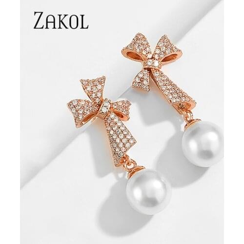 ZAKOL New Arrival Bow Decoration Pearl Earrings for Women Fashion Jewelry Girls Party Birthday Gift FSEP2556