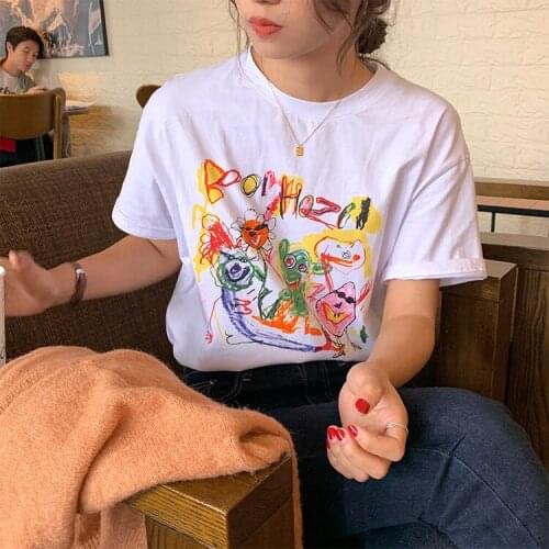Kawaii Cartoon Graffiti Short Sleeve T-shirt Women Casual Cute Graphic Tops Female Tee Summer Harajuku Women T-shirts Tops