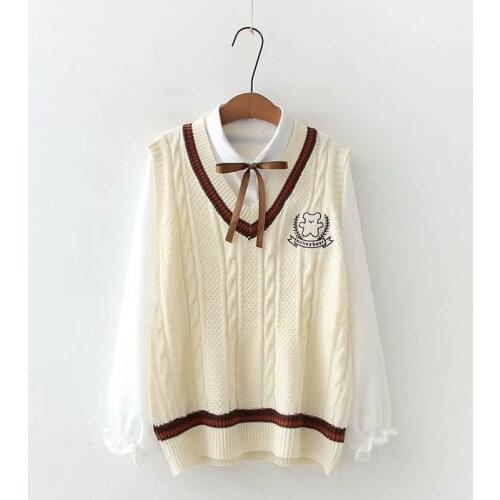 2 Piece Set Women Color Matching V-Neck Letter Cartoon Bear Embroidery Knitted Vest + Neckline Tie White Shirt 2011773