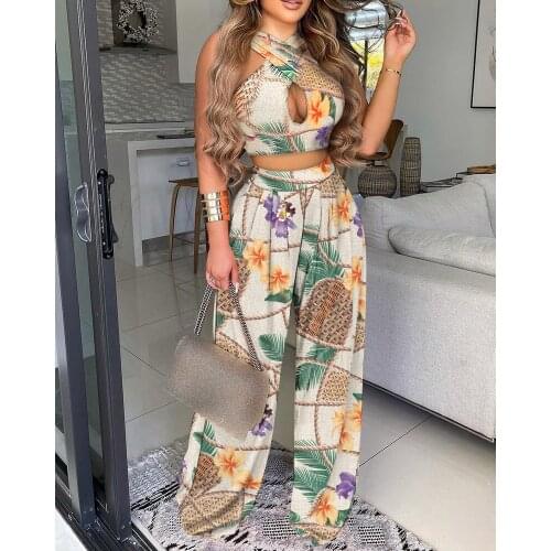 2021 Casual BM Style Plain Sleeveless Cross Sexy Halter Crop Top & Floral Print Wide Leg Pants Set Two Piece Suit Holiday