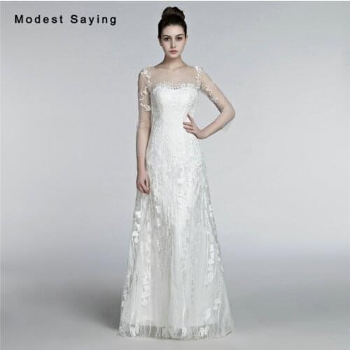 Elegant Sheer Mermaid Illusion Lace Wedding Dresses 2017 with 3/4 Sleeves Formal Women Long Bridal Gowns vestido de noiva A032