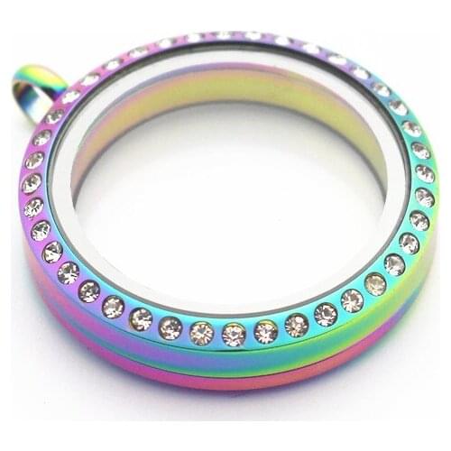 5pcs/lot 30mm Rainbow Stainless Steel Twist Living Glass Memory Floating Locket Pendant Rhinestone Locket Necklace DIY Jewelry