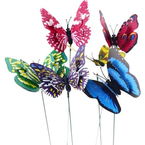 5pcs/lot 7*25cm Colorful Double-layer design simulation butterfly pin Outdoor Decor Flower Pots Decoration