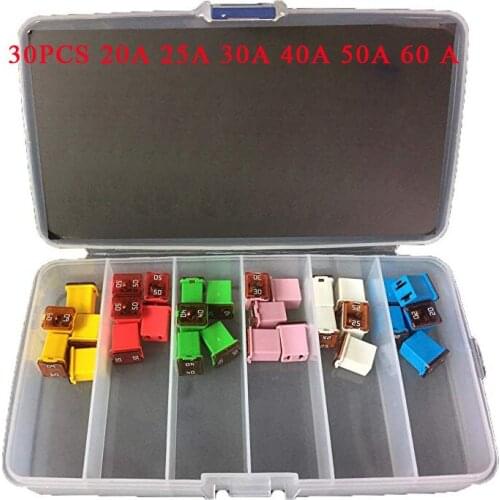30 pc Automotive LOW PROFILE JCASE Box Shaped Fuse Kit 20A 25A 30A 40A 50A 60 A For Pickup Trucks Cars and SUVs