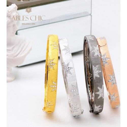 18K Gold Tone Half Leaf CZ Hinged Bangle Half Stars Renaissance Geometry Women Vintage Wedding Bracelet Bridal Fine Jewelry 8mm