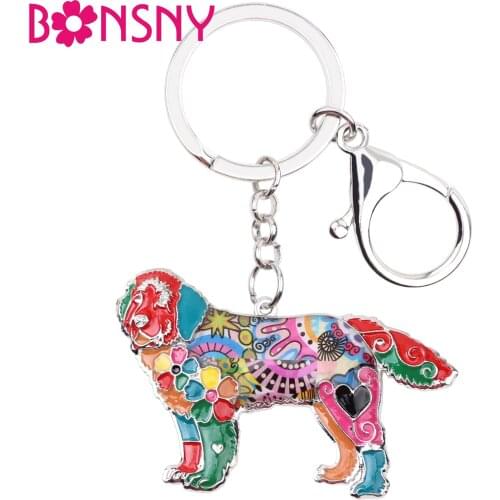 Bonsny Enamel Alloy Newfoundland Dog Key Chain Keychains Ring For Women Girls Gift Bag Car Charms Pendant Fashion Animal Jewelry