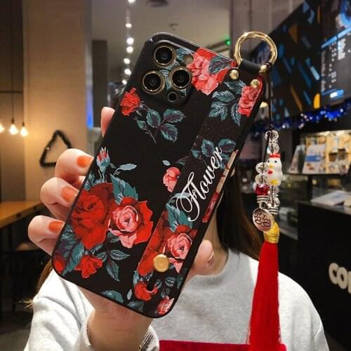Sumkeymi Wrist Strap Phone Holder Case For iphone 11 Case For iphone 12 7 8 Plus mini Pro Max X XS XR Flower Hand Band Case