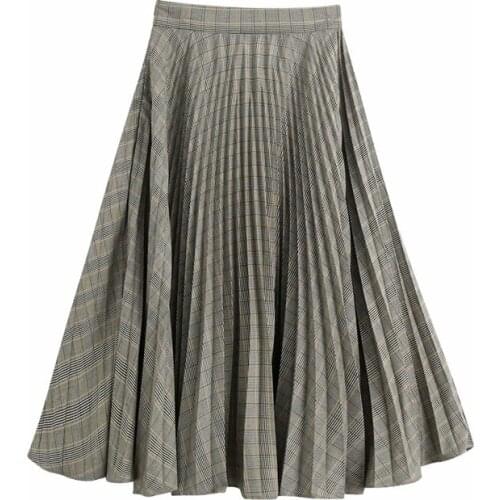 Elegant women grey plaid skirt 2021 autumn fashion ladies high waist pleated skirts vintage female zipper long skirt girls chic