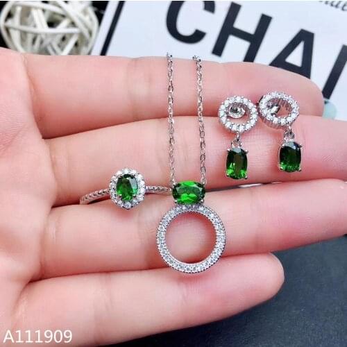 KJJEAXCMY boutique jewelry 925 sterling silver inlaid Natural Diopside Ring Necklace Earring Suit Support Detection luxurious