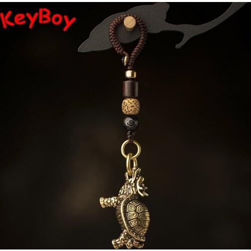 Brass Beast Animal Dragon Turtle Figurines Key Chain Lanyard Pendant Vintage Copper Lucky Keychain Hanging Braided Rope Keyrings