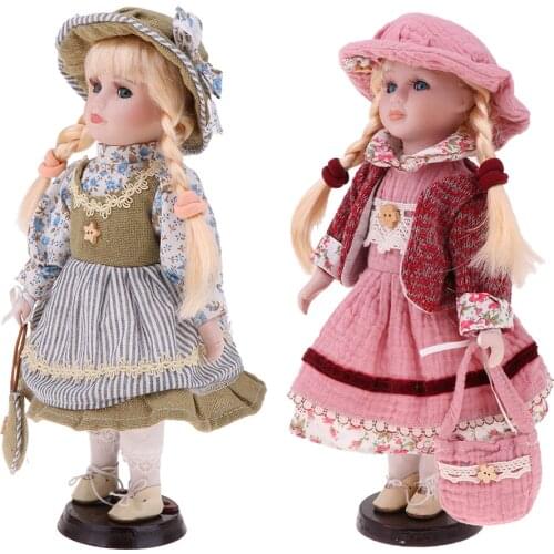 2pcs 30cm Lovely Porcelain Girl Doll with Clothes & Stand Home Display Decor Gift