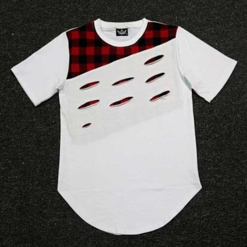 Mens Plaid Broken Riped Hole T-shirt Mens Hip Hop Tee Streeet Fashion DestroyT-shirt