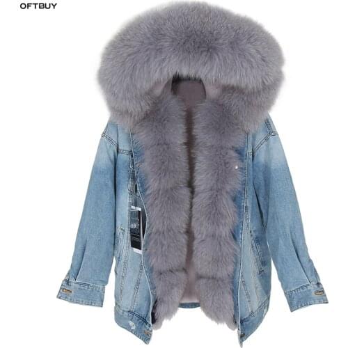 OFTBUY 2020 real fur coat Winter Jacket Women Coat Real fox Fur collar denim jacket Parka Streetwear Outerwear new ins fashion