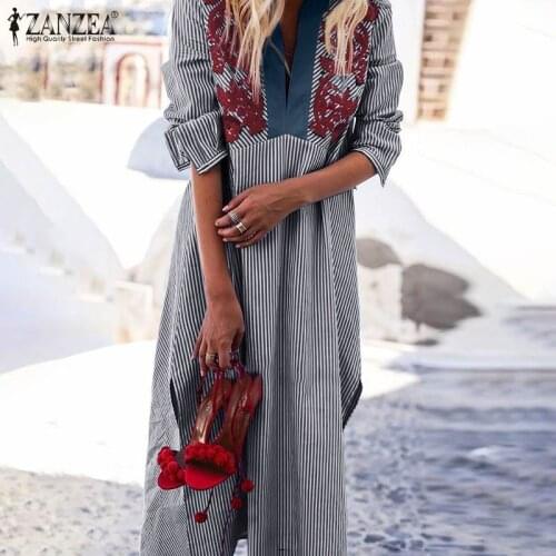 ZANZEA Bohemian Striped Maxi Long Sundress Women Summer Shirt Dress Fashion Deep V Neck Lace Crochet Split Vestidos Robe Femme