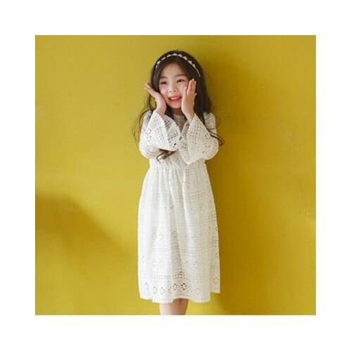 Family Clothes Girls Hollowed Out White Lace Dresses Childrens Cute Embroidered Long-sleeved Dress Parent-Child One Piece P392