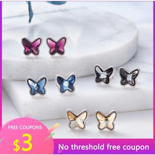 OGULEE 925 Silver Natural Butterfly Earrings Female Exquisite Gemstone Jewelry Austrian Blue Crystal Stud Earring Butterfly