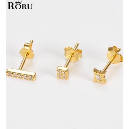 925 Sterling Silver Small Full Zircon Geometric Stud Earrings Gold Star Square Rectangle 3pcs/set for Women Girls Jewelry Gifts