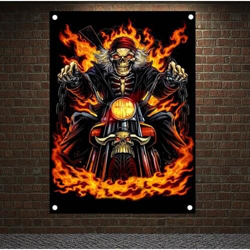 Skull Flames Tattoo Biker Flag Banner Canvas Painting Sexy lady Beauty Art Home Decoration Hanging flag 4 Gromments in Corners