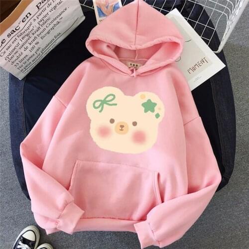 Hoodies Womens Casual Loose Female Clothes Cute Bear Cartoon Printed Hoodie Basic Long Sleeve Sweatshirts Unisex Streetwear