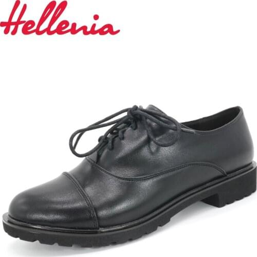 Hellenia Spring Autumn Pumps Office lady low Heel Basic Dress Lace Up shoes Leather Lining Super-light Outsole Comfortable shoe