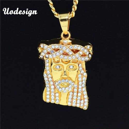 Uodesign HIP Hop Iced Out Crystal JESUS Christ Piece Head Face Pendants Necklaces Gold Chain for Men Jewelry