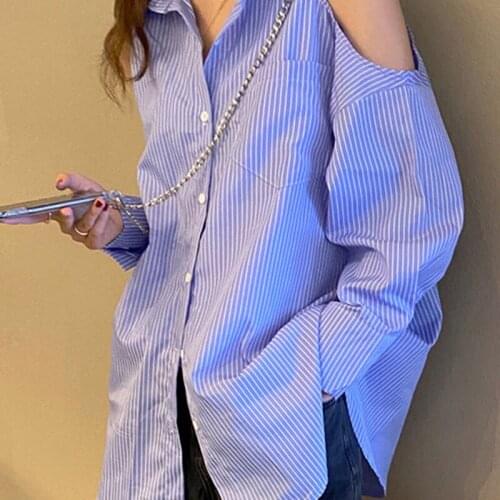 Sexy Stripe Blouse Women Autumn Long Sleeved Shirts Fashion Off Shoulder Button Blouses Clothes2021 new Student waveCasualtop