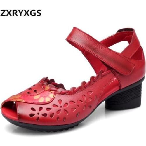 Hot 2020 Summer New Ethnic Style Hollow Cow Leather Shoes Sandals Women Open Toe High Heels Sandals Women Non-slip Women Sandals