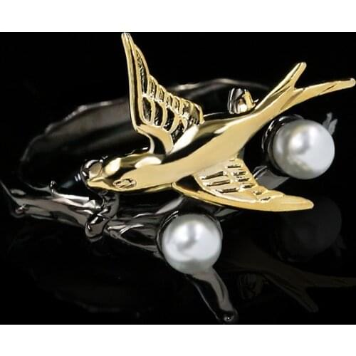 2020 Cute Bird Animal Black Gold Finger Rings for Women Real 925 Sterling Silver Freshwater Pearls Vintage Cocktail Rings